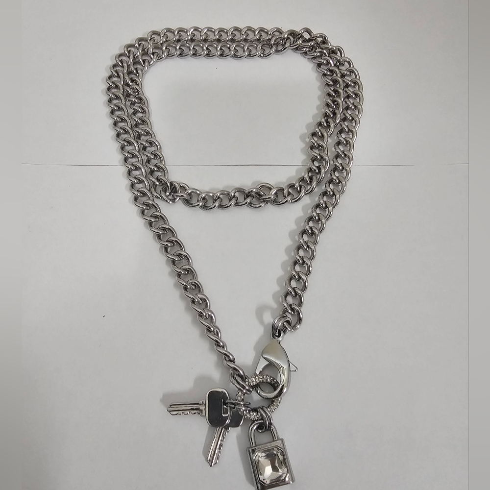 Juicy Couture Long Chunky Silver Padlock and Keys Necklace